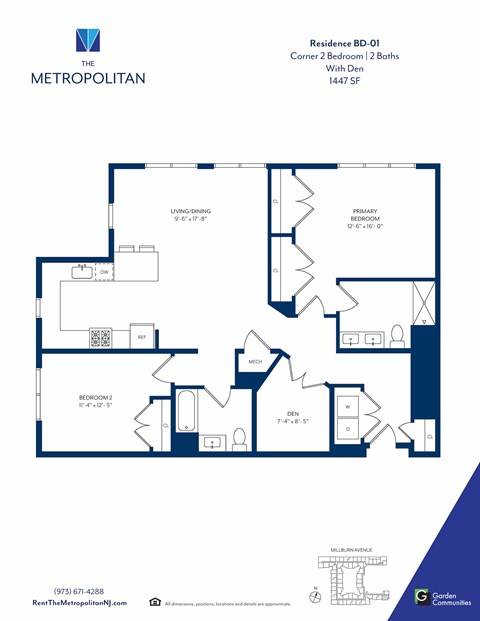 Floor plan for 2 beds, 2 baths, 1447 sqft
